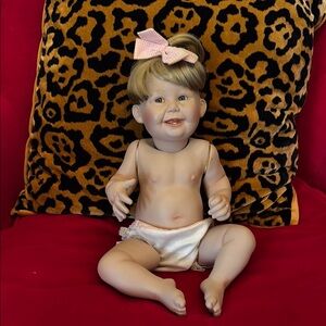 Charming Vintage Porcelain Doll with Pink Bow SEE PICS AND DESC